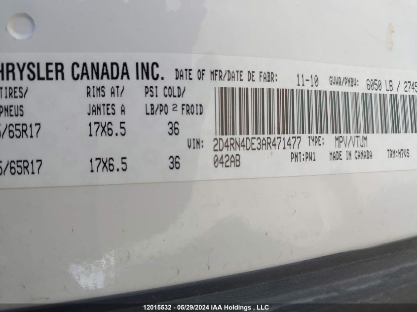 2010 Dodge Grand Caravan Se VIN: 2D4RN4DE3AR471477 Lot: 12015532