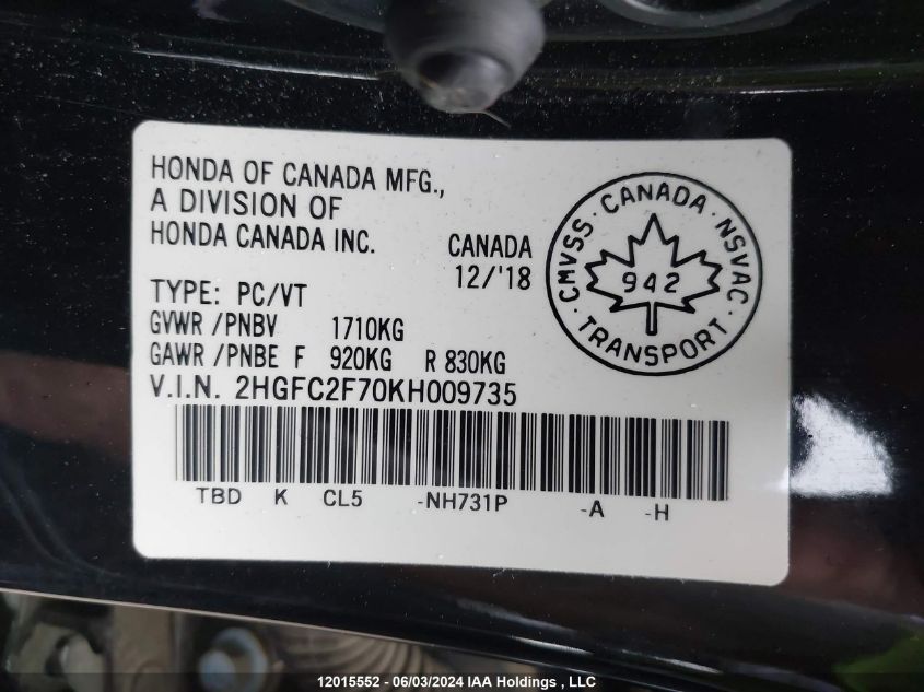 2019 Honda Civic Sedan VIN: 2HGFC2F70KH009735 Lot: 12015552
