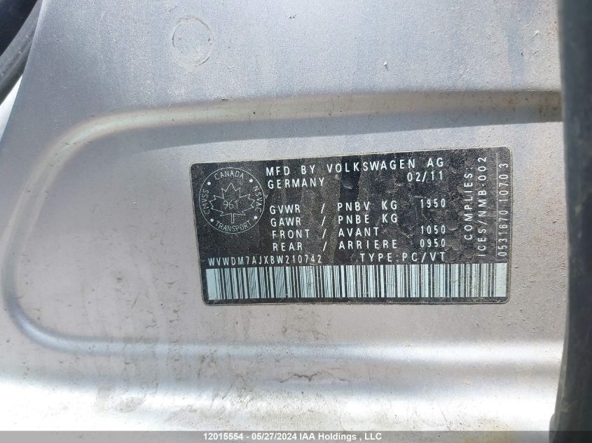 2011 Volkswagen Golf VIN: WVWDM7AJXBW210742 Lot: 12015554