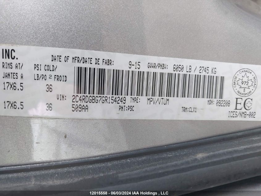 2016 Dodge Grand Caravan Se/Sxt VIN: 2C4RDGBG7GR154249 Lot: 12015558