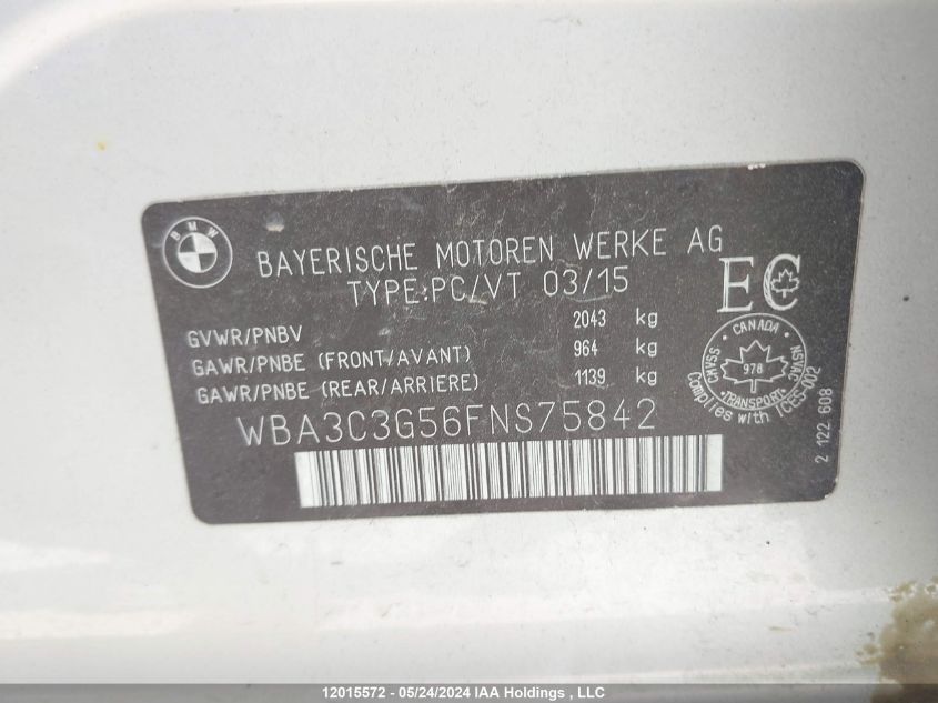 2015 BMW 3 Series VIN: WBA3C3G56FNS75842 Lot: 12015572