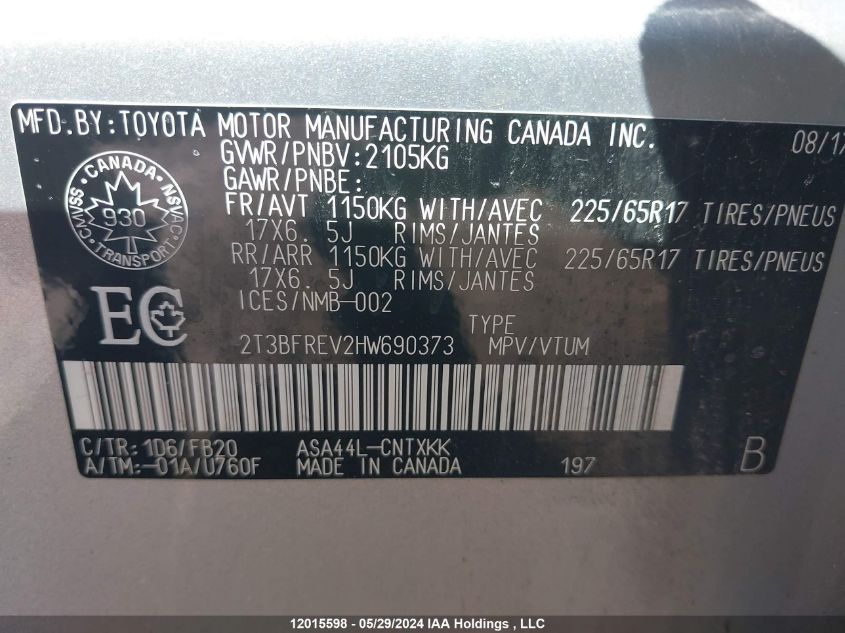 2017 Toyota Rav4 Le VIN: 2T3BFREV2HW690373 Lot: 12015598