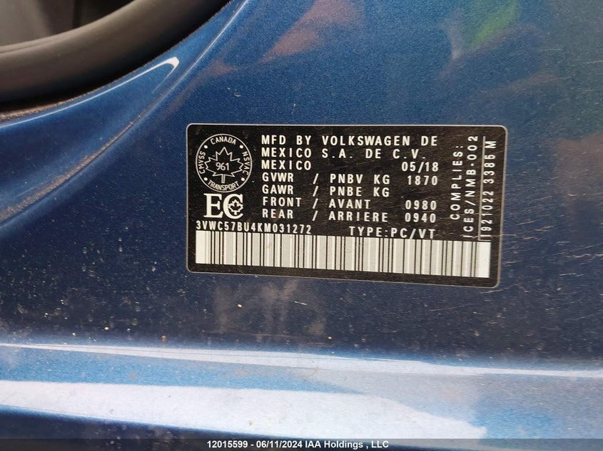 2019 Volkswagen Jetta S/Se/R-Line VIN: 3VWC57BU4KM031272 Lot: 12015599