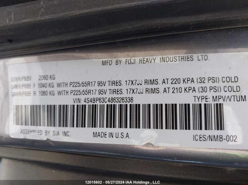 2008 Subaru Outback VIN: 4S4BP63C486326336 Lot: 12015602