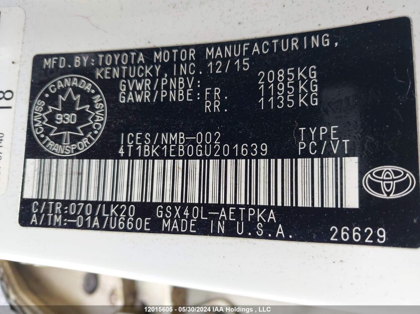 2016 Toyota Avalon Xle Plus/Premium/Tour/Ltd VIN: 4T1BK1EB0GU201639 Lot: 12015605