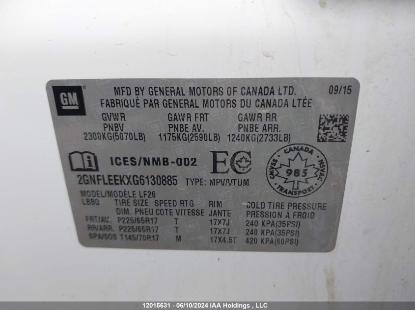 2016 Chevrolet Equinox Ls VIN: 2GNFLEEKXG6130885 Lot: 12015631