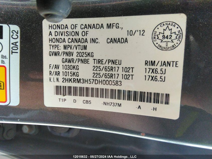 2013 Honda Cr-V VIN: 2HKRM3H57DH000583 Lot: 12015632