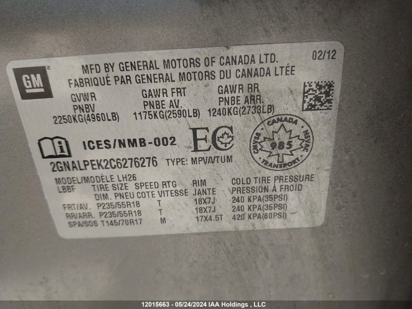 2012 Chevrolet Equinox Lt VIN: 2GNALPEK2C6276276 Lot: 12015663