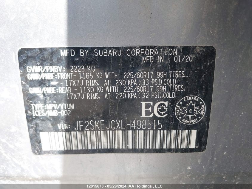 2020 Subaru Forester VIN: JF2SKEJCXLH498515 Lot: 12015673