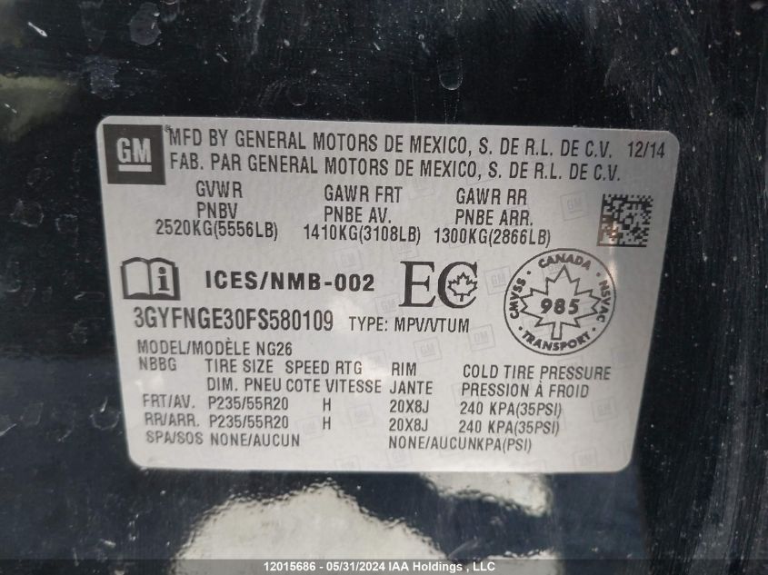 2015 Cadillac Srx Premium Collection VIN: 3GYFNGE30FS580109 Lot: 12015686