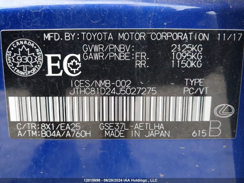 2018 Lexus Is 300 300 VIN: JTHC81D24J5027275 Lot: 12015698