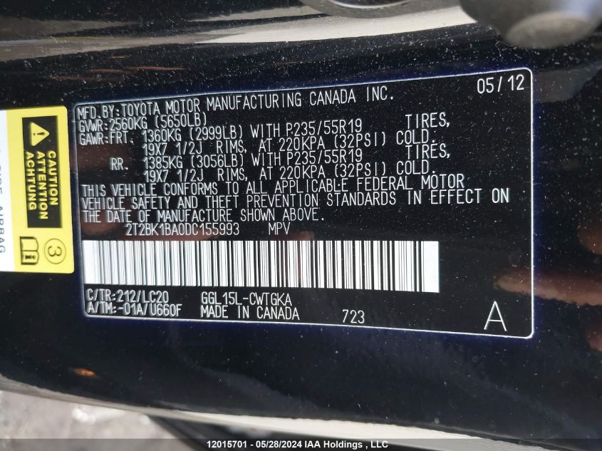 2013 Lexus Rx 350/Base/F Sport VIN: 2T2BK1BA0DC155993 Lot: 12015701