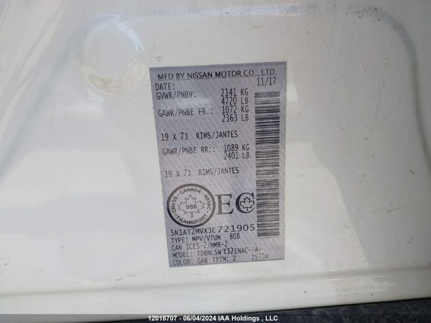 2018 Nissan Rogue Sv/Sl VIN: 5N1AT2MVXJC721905 Lot: 12015707