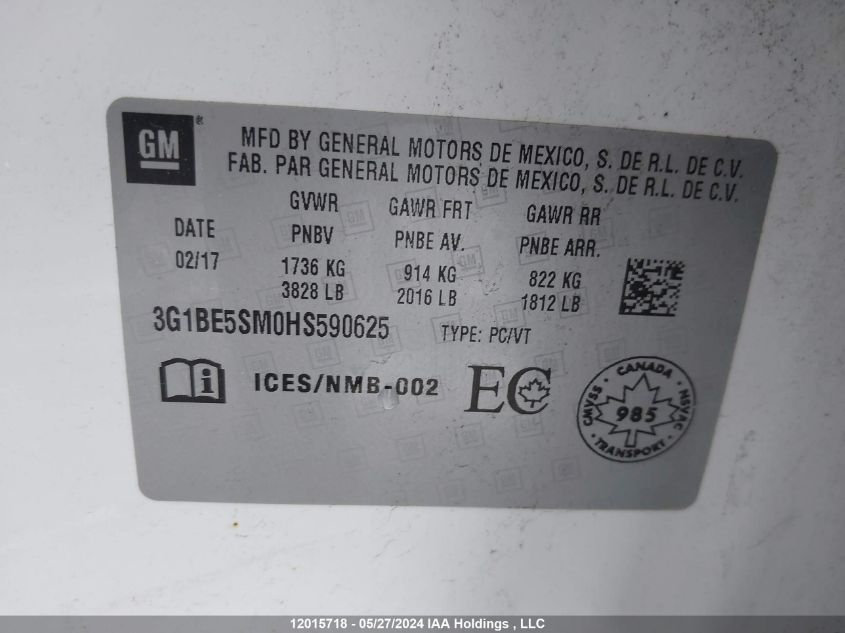 2017 Chevrolet Cruze VIN: 3G1BE5SM0HS590625 Lot: 12015718