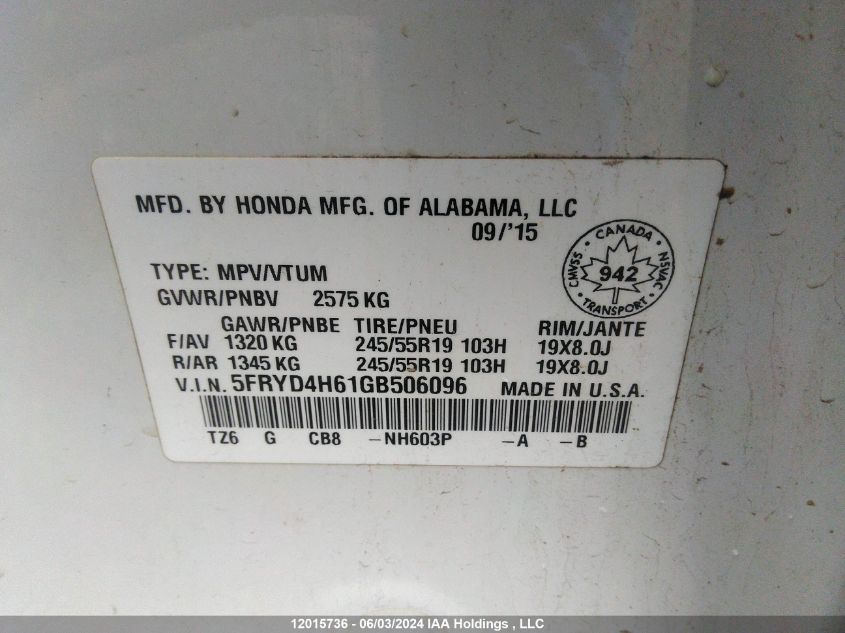 2016 Acura Mdx VIN: 5FRYD4H61GB506096 Lot: 12015736