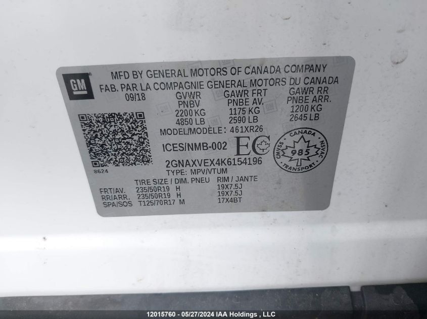 2019 Chevrolet Equinox VIN: 2GNAXVEX4K6154196 Lot: 12015760