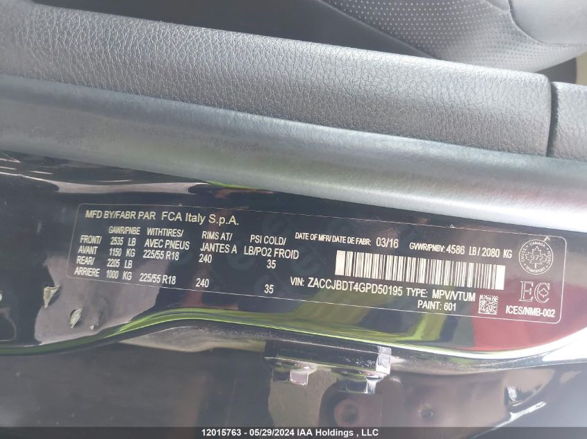 2016 Jeep Renegade Limited VIN: ZACCJBDT4GPD50195 Lot: 12015763