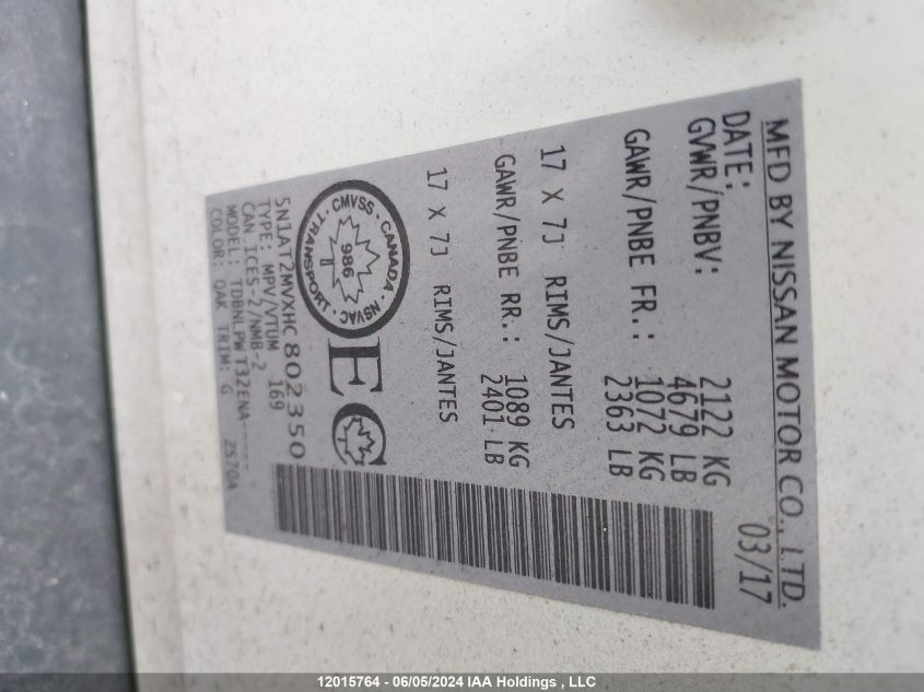 2017 Nissan Rogue VIN: 5N1AT2MVXHC802350 Lot: 12015764