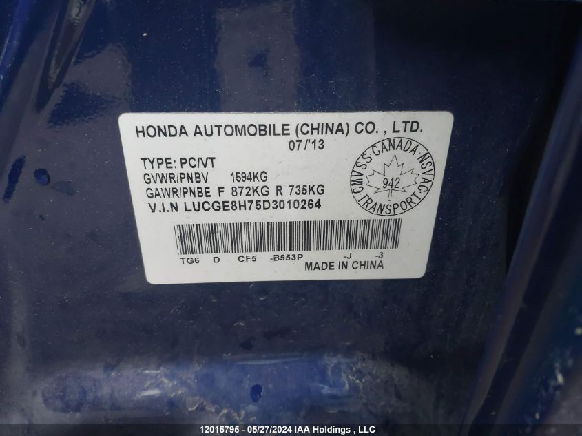 2013 Honda Fit VIN: LUCGE8H75D3010264 Lot: 12015795