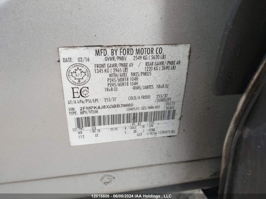 2016 Ford Edge Sel VIN: 2FMPK4J8XGBB39660 Lot: 12015800