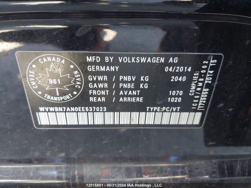 2014 Volkswagen Cc VIN: WVWBN7AN0EE537023 Lot: 12015801