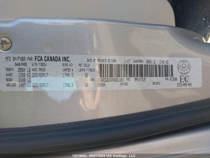 2017 Dodge Grand Caravan Se VIN: 2C4RDGBGXHR681803 Lot: 12015802