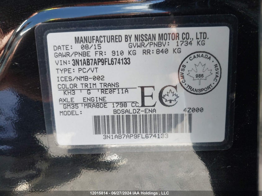 2015 Nissan Sentra S/Sv/Sr/Sl VIN: 3N1AB7AP9FL674133 Lot: 12015814