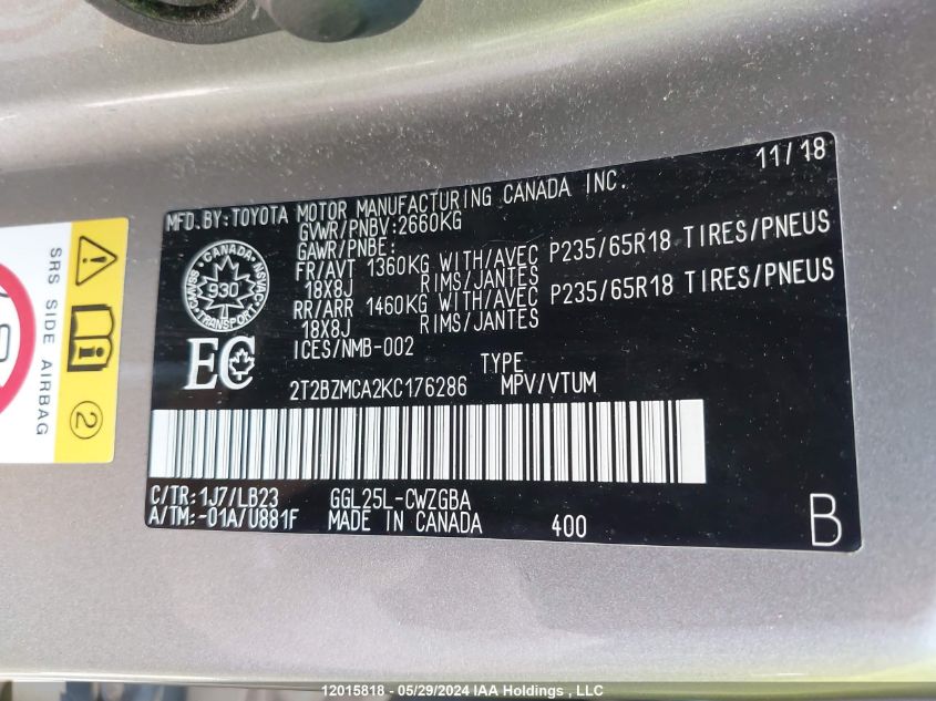 2019 Lexus Rx 350 VIN: 2T2BZMCA2KC176286 Lot: 12015818