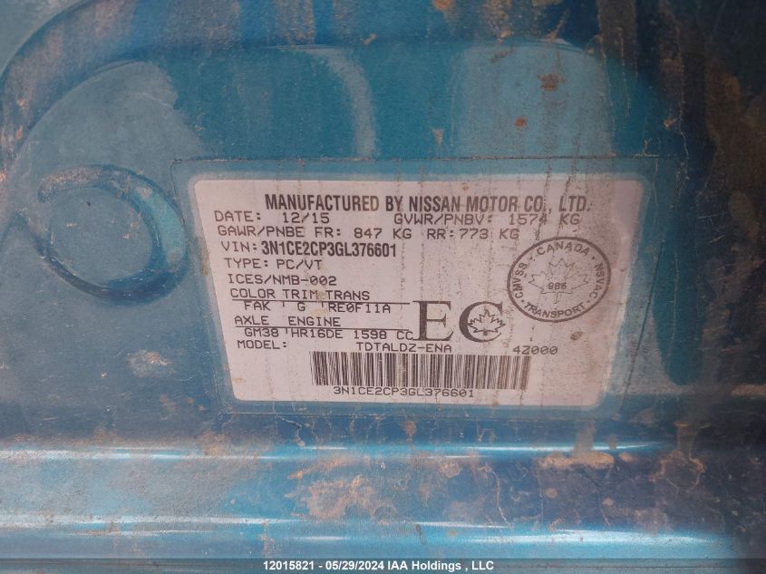 2016 Nissan Versa VIN: 3N1CE2CP3GL376601 Lot: 12015821