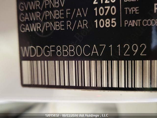 2012 Mercedes-Benz C-Class VIN: WDDGF8BB0CA711292 Lot: 12015832