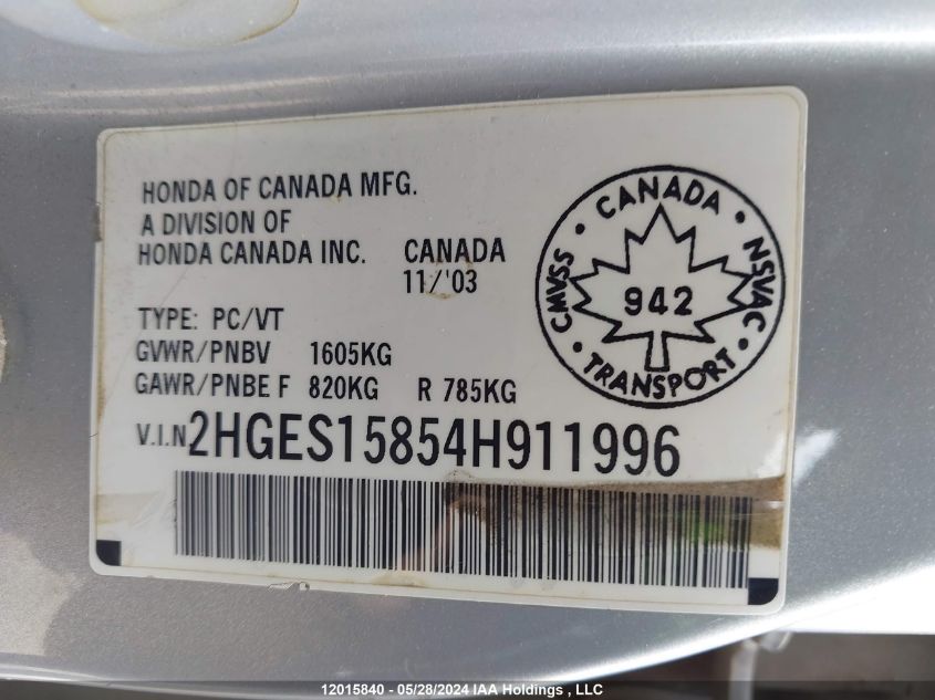 2004 Honda Civic Sdn VIN: 2HGES15854H911996 Lot: 12015840