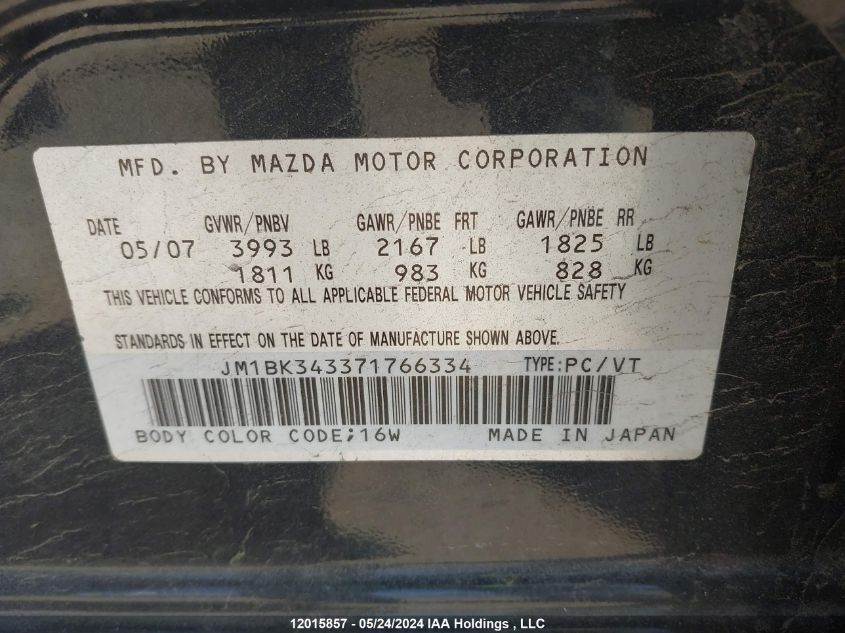 2007 Mazda Mazda3 VIN: JM1BK343371766334 Lot: 12015857