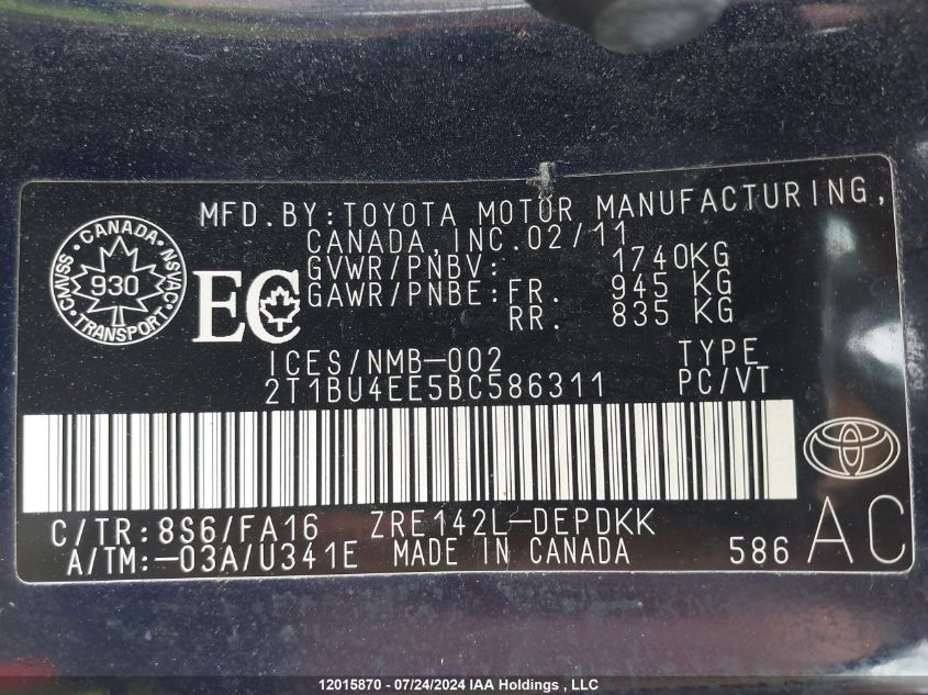 2011 Toyota Corolla VIN: 2T1BU4EE5BC586311 Lot: 12015870