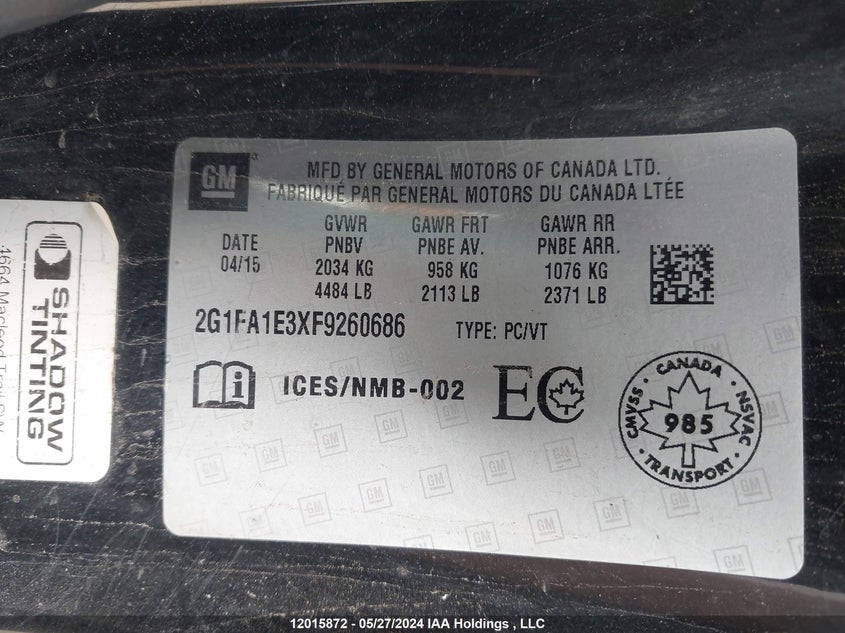 2015 Chevrolet Camaro Ls VIN: 2G1FA1E3XF9260686 Lot: 12015872