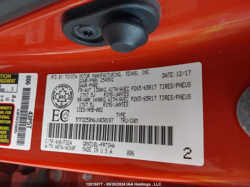 2018 Toyota Tacoma Sr5 VIN: 5TFDZ5BN6JX030187 Lot: 12015877