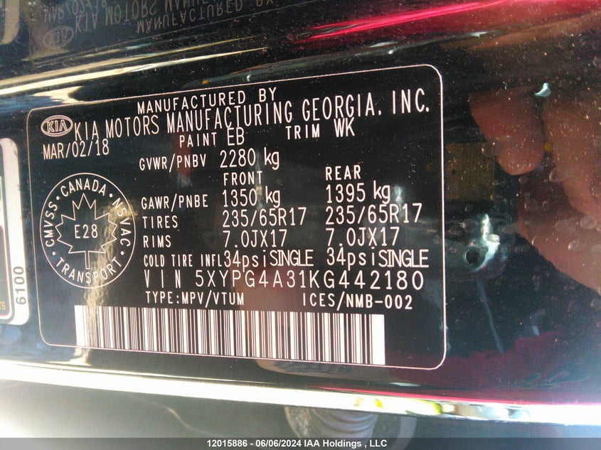 2019 Kia Sorento L/Lx VIN: 5XYPG4A31KG442180 Lot: 12015886