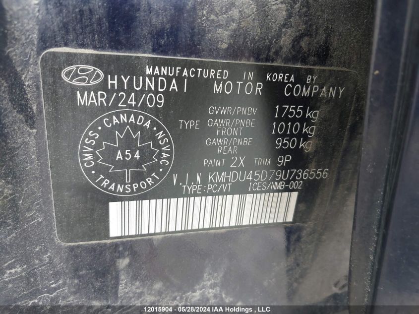 2009 Hyundai Elantra VIN: KMHDU45D79U736556 Lot: 12015904