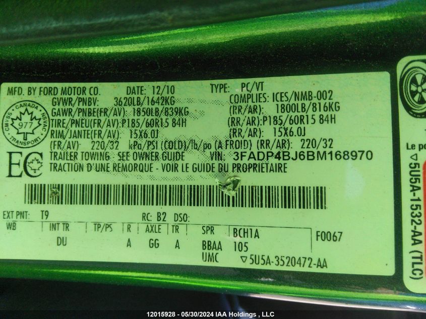 2011 Ford Fiesta Se VIN: 3FADP4BJ6BM168970 Lot: 12015928