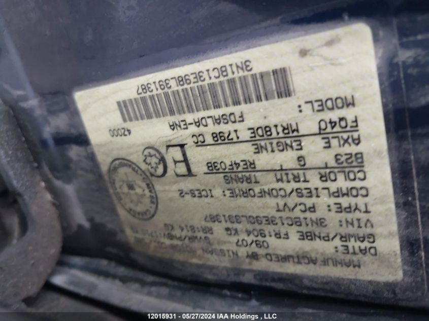 2008 Nissan Versa S/Sl VIN: 3N1BC13E98L391387 Lot: 12015931