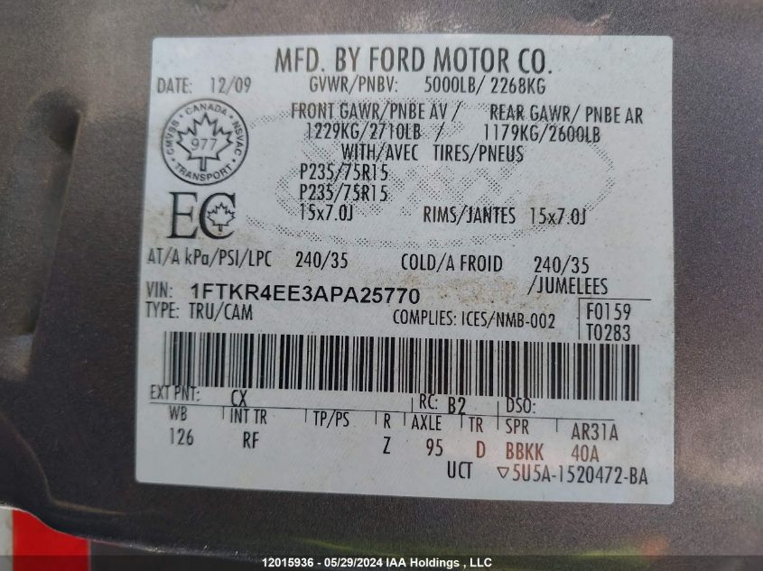 2010 Ford Ranger VIN: 1FTKR4EE3APA25770 Lot: 12015936