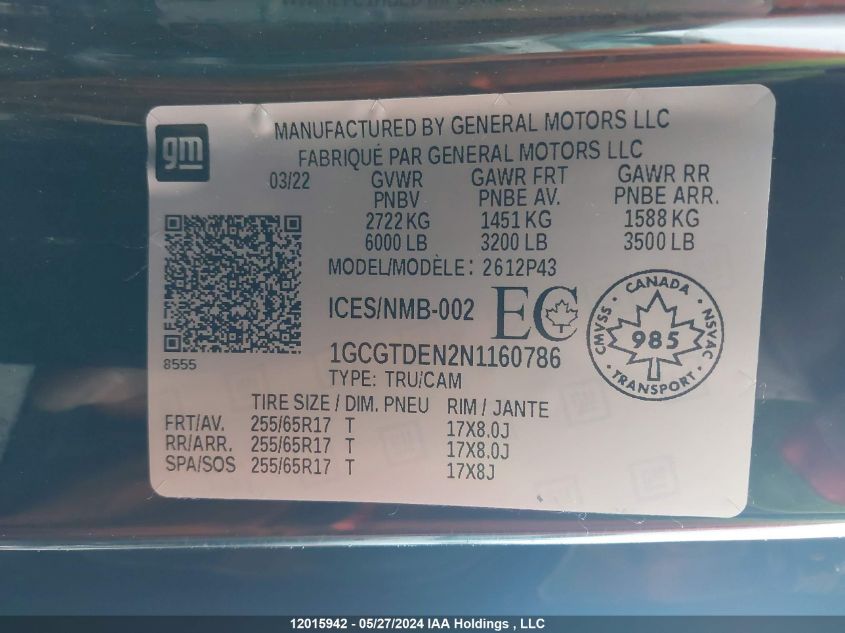 2022 Chevrolet Colorado VIN: 1GCGTDEN2N1160786 Lot: 12015942