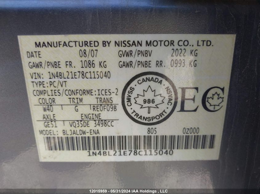 2008 Nissan Altima 3.5Se/3.5Sl VIN: 1N4BL21E78C115040 Lot: 12015959