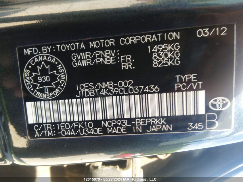 2012 Toyota Yaris VIN: JTDBT4K39CL037436 Lot: 12015979