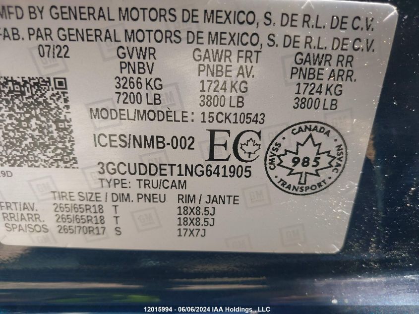 2022 Chevrolet Silverado VIN: 3GCUDDET1NG641905 Lot: 12015994