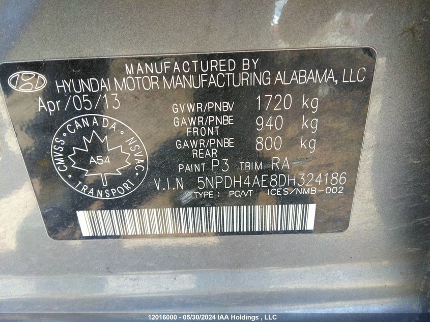 2013 Hyundai Elantra Gl VIN: 5NPDH4AE8DH324186 Lot: 12016000