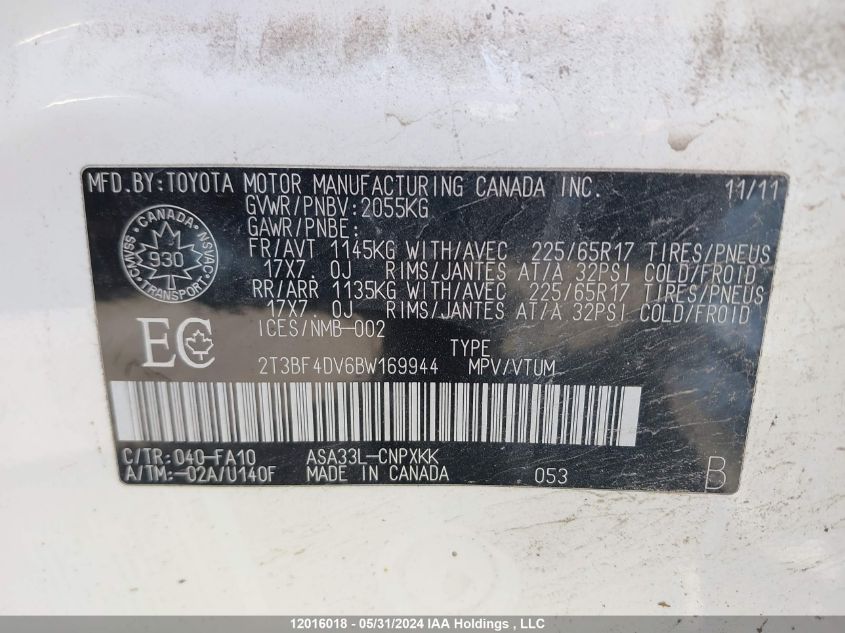 2011 Toyota Rav4 VIN: 2T3BF4DV6BW169944 Lot: 12016018