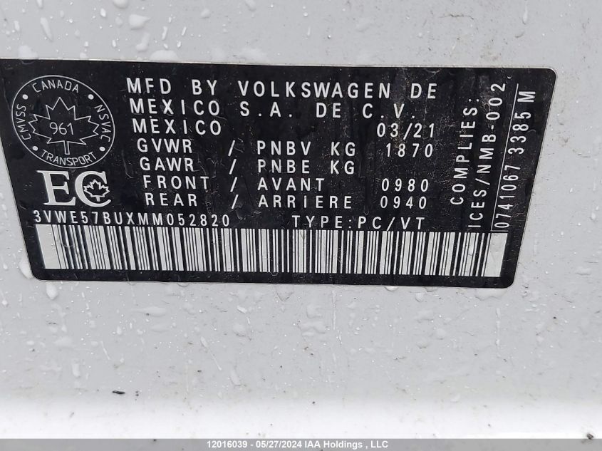 2021 Volkswagen Jetta Sel VIN: 3VWE57BUXMM052820 Lot: 12016039