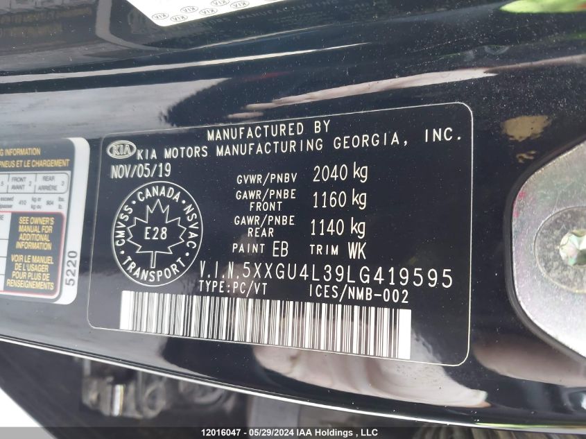 2020 Kia Optima VIN: 5XXGU4L39LG419595 Lot: 12016047