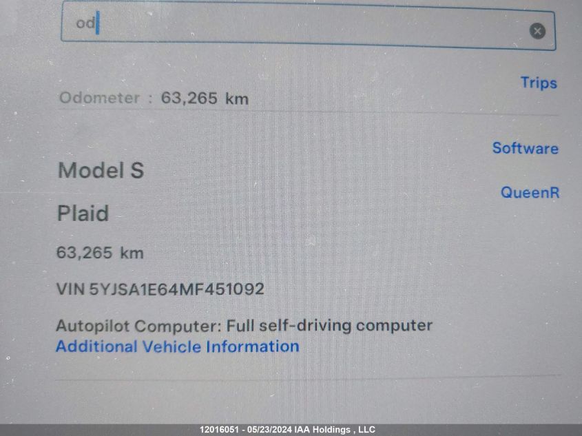 2021 Tesla Model S VIN: 5YJSA1E64MF451092 Lot: 12016051