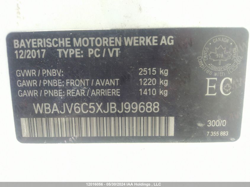 2018 BMW 6 Series VIN: WBAJV6C5XJBJ99688 Lot: 12016056